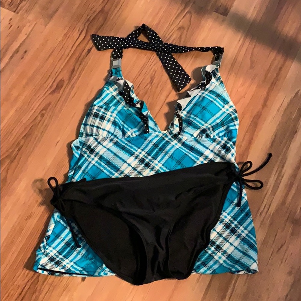 Blue and black plaid tankini